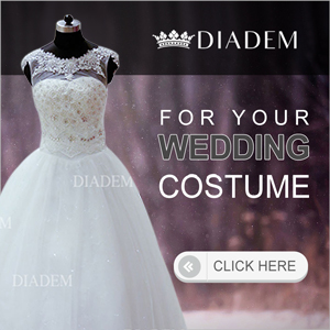 White color sleveless bridal gown with work done on it. Diadem logo on the top and text written on the right of the costume image