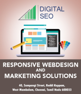 Web design work shown on a laptop screen, a pencil pointing to the screen and a colour shade brochure on the right. Logo of Digitalseo above it and text written below.